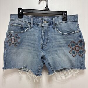 Lucky Brand Womens Midrise Boy Short Cutoff Embroidered Denim Size 8 Cutoff